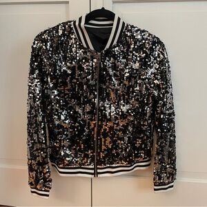 Sequin Bomber Jacket - Black and Silver with Striped Edges